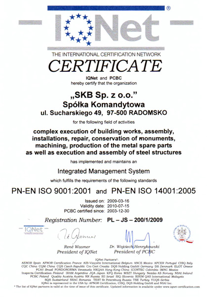 quality certificate SKB SA